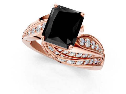 Rose gold Fancy Black Radiant Cut Diamond Solitaire Ring with Prong Setting and Twisted Pavé Band_1