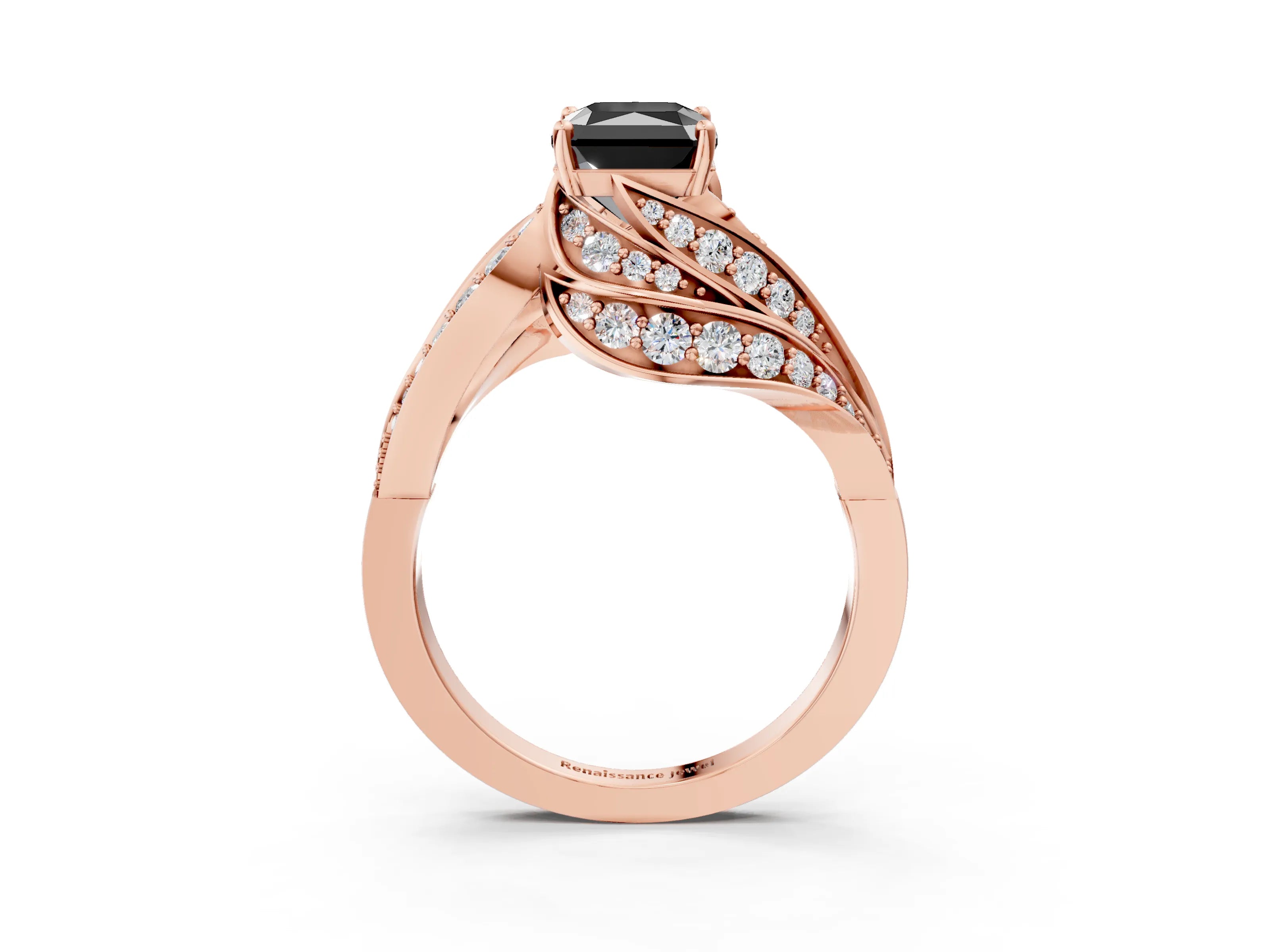 Rose gold Fancy Black Radiant Cut Diamond Solitaire Ring with Prong Setting and Twisted Pavé Band_3