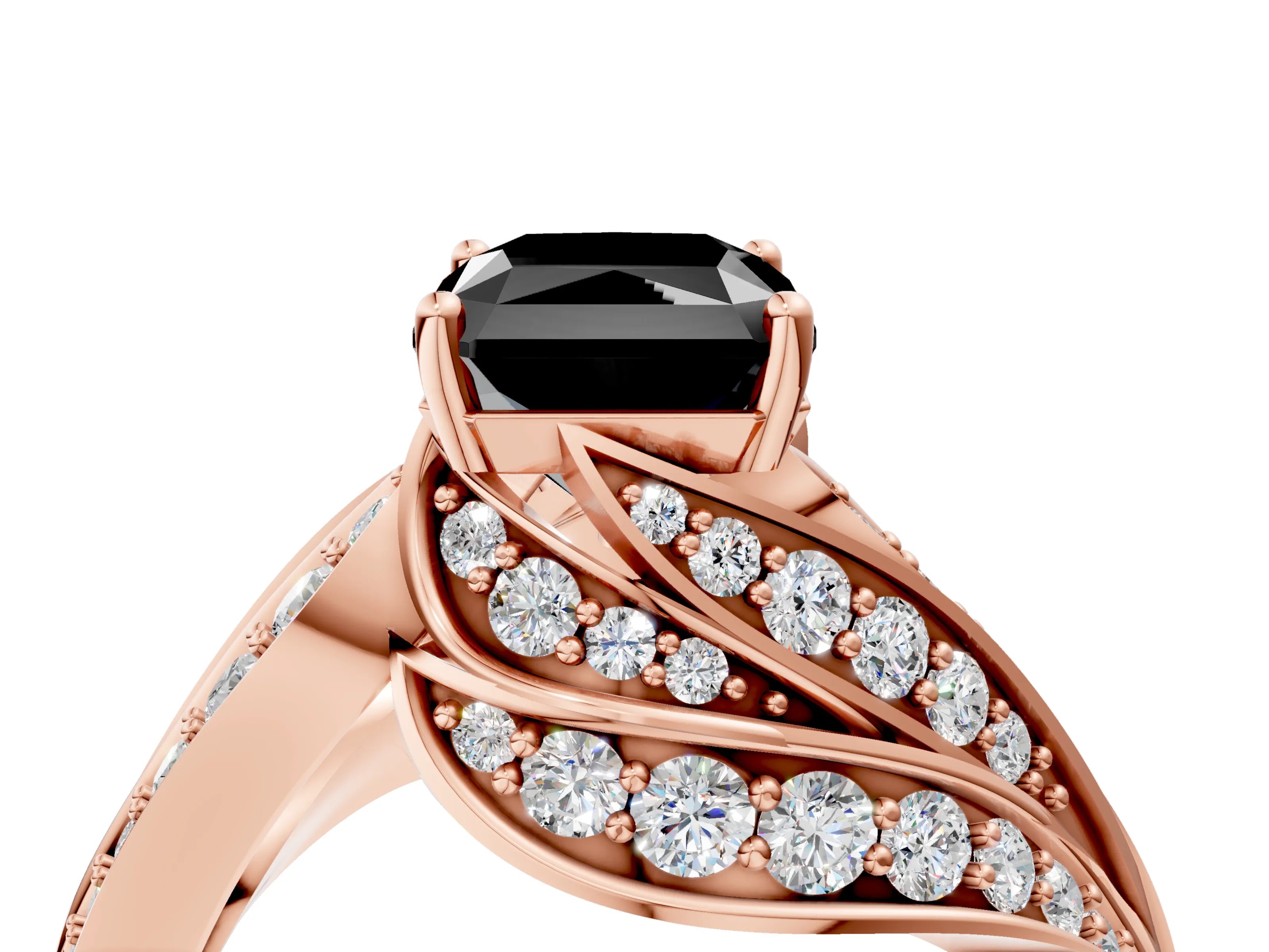 Rose gold Fancy Black Radiant Cut Diamond Solitaire Ring with Prong Setting and Twisted Pavé Band_4