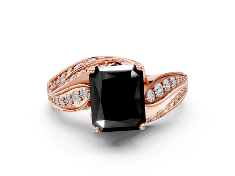 Rose gold Fancy Black Radiant Cut Diamond Solitaire Ring with Prong Setting and Twisted Pavé Band
