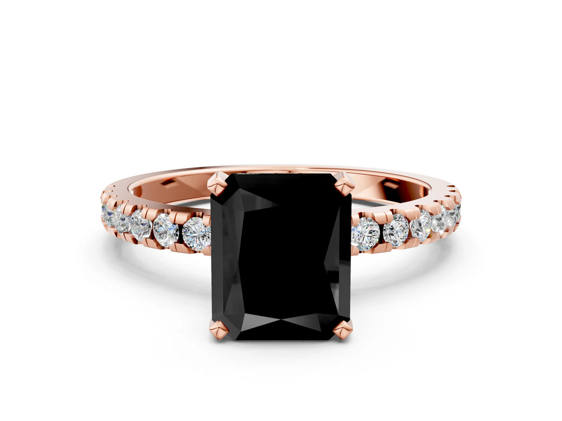 Rose gold Fancy Black Radiant Cut Diamond Solitaire Ring with Round  Pavé Band and Four-Prong Setting_36