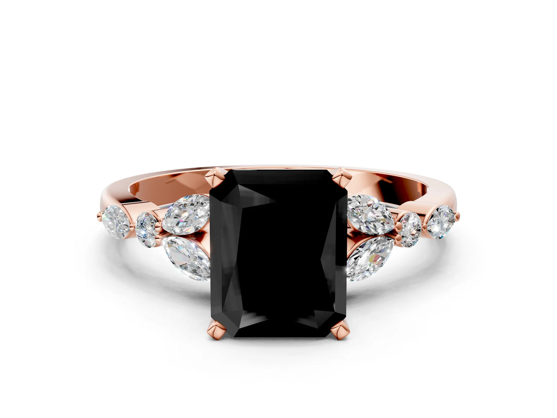 Rose gold Fancy Black Radiant Cut Diamond Solitaire Ring with Side Stones and Four-Prong Setting_12