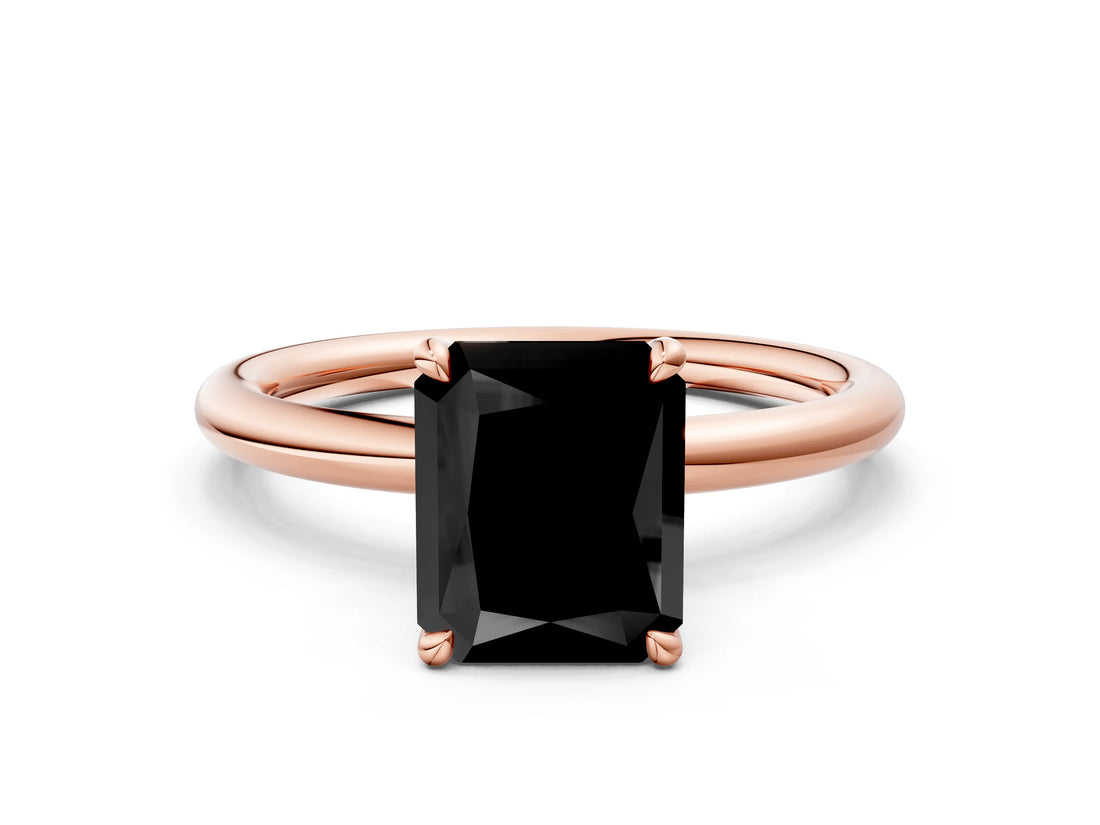 Rose gold Fancy Black Radiant Cut Diamond Solitaire Ring with Thin Band and Four-Prong Setting