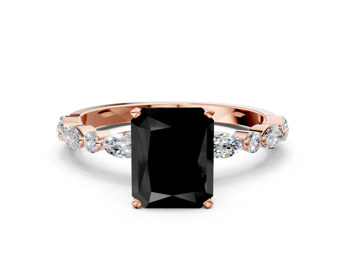 Rose gold Fancy Black Radiant Cut Diamond Solitaire with Side Stones on a Pavé Band and Four-Prong Setting