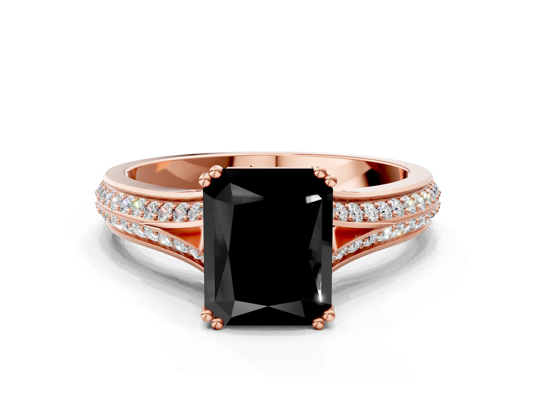 Rose gold Fancy Black Radiant Cut Diamond Split Shank Engagement Ring with Pavé Band