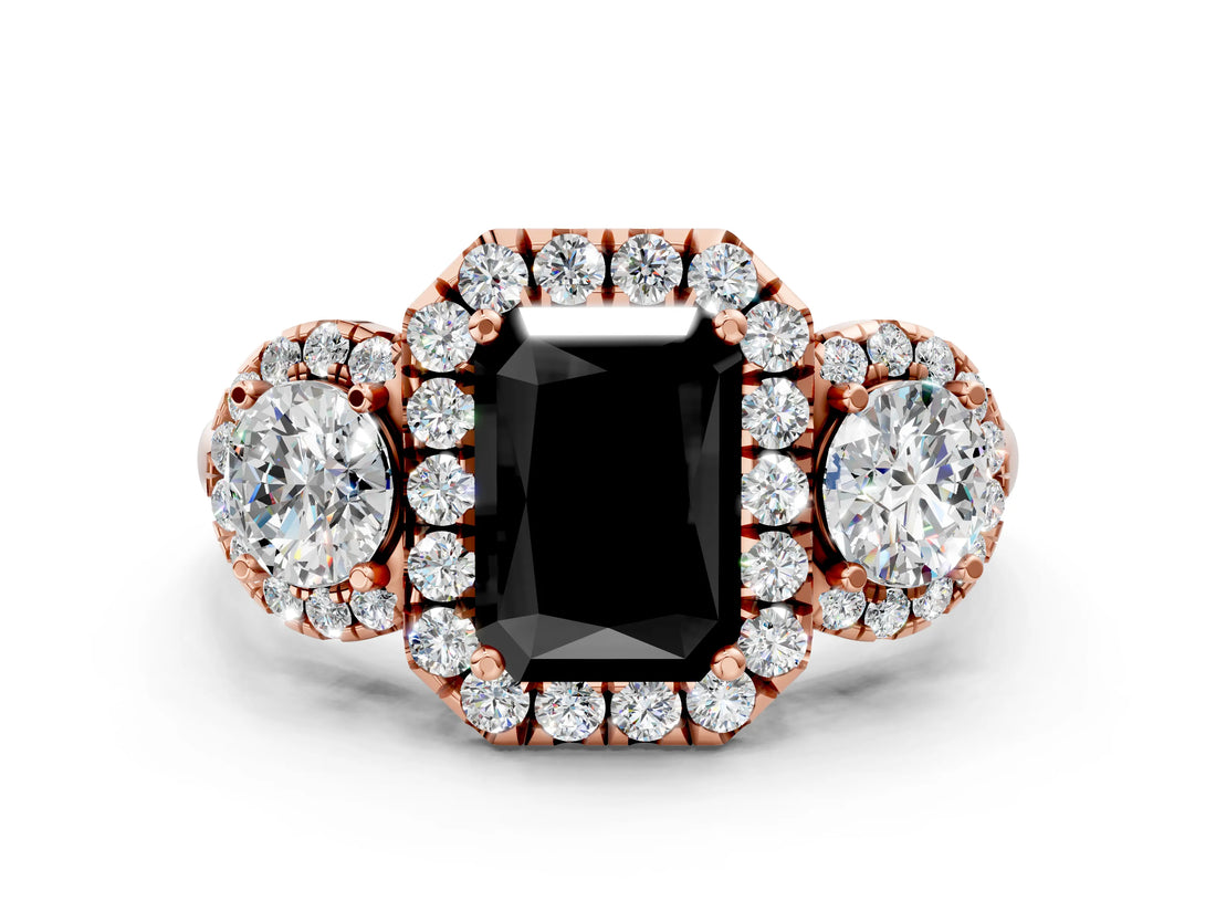 Rose gold Fancy Black Radiant Cut Diamond Three-Stone Halo Ring with Prong Setting and Pavé Accents