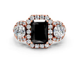 Rose gold Fancy Black Radiant Cut Diamond Three-Stone Halo Ring with Prong Setting and Pavé Accents