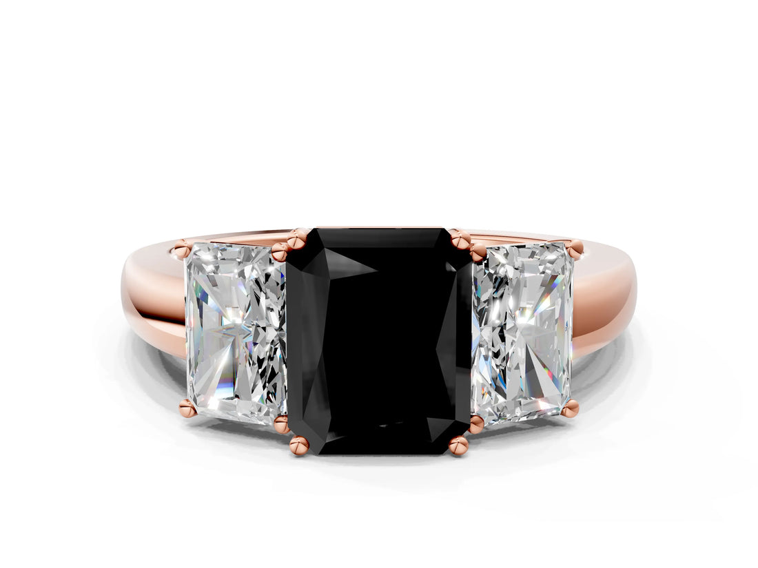 Rose gold Fancy Black Radiant Cut Diamond Three-Stone Ring with Four-Prong Setting and Classic Band