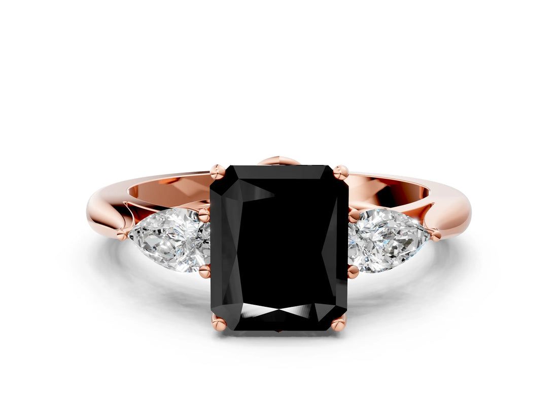 Rose gold Fancy Black Radiant Cut Diamond Three-Stone Ring with Pear Side Stones and Four-Prong Setting_24