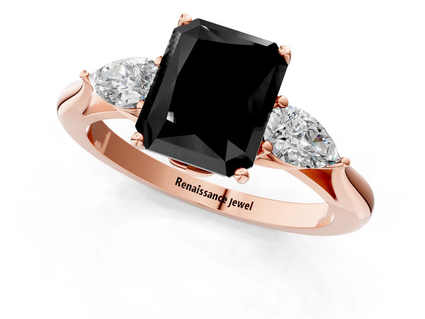 Rose Gold Radiant Cut Three Stone Pear Side Engagement Ring Setting for Black Center