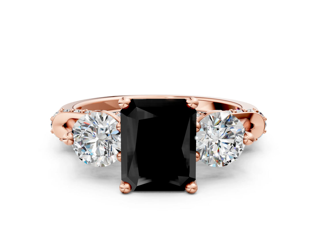 Rose gold Fancy Black Radiant Cut Diamond Three-Stone Ring with Prong Setting and Pavé Band