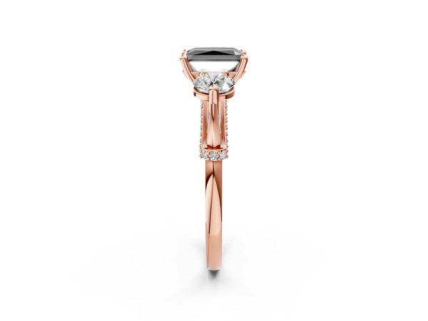 Rose Gold Radiant Cut Curved Pave Three Stone Engagement Ring Setting for Black Center