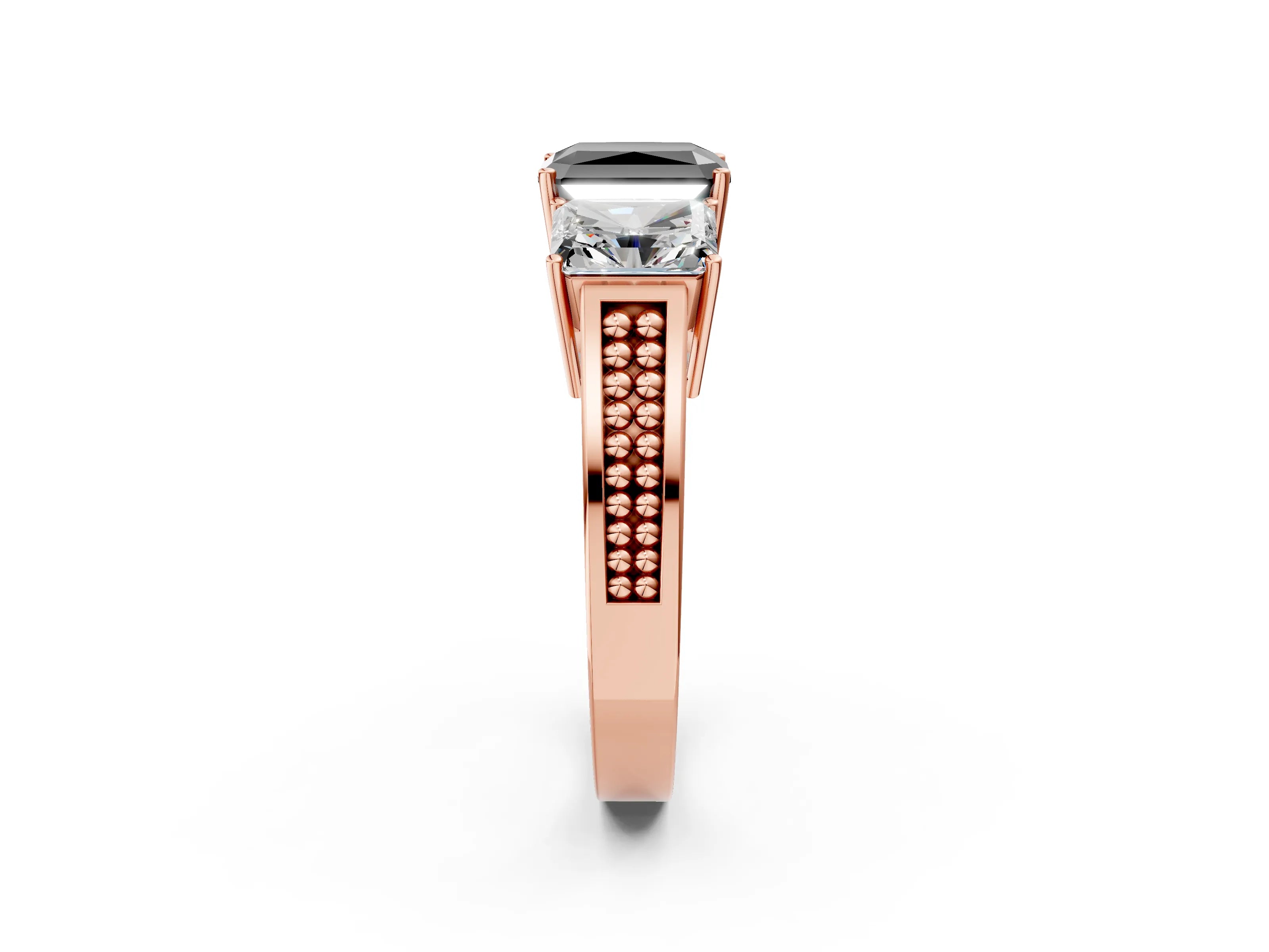 Rose gold Fancy Black Radiant Cut Diamond Three-Stone Ring with Prong Setting and Textured Band_11
