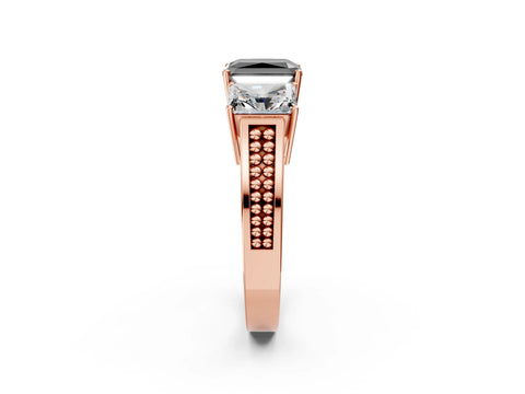 Rose gold Fancy Black Radiant Cut Diamond Three-Stone Ring with Prong Setting and Textured Band_11