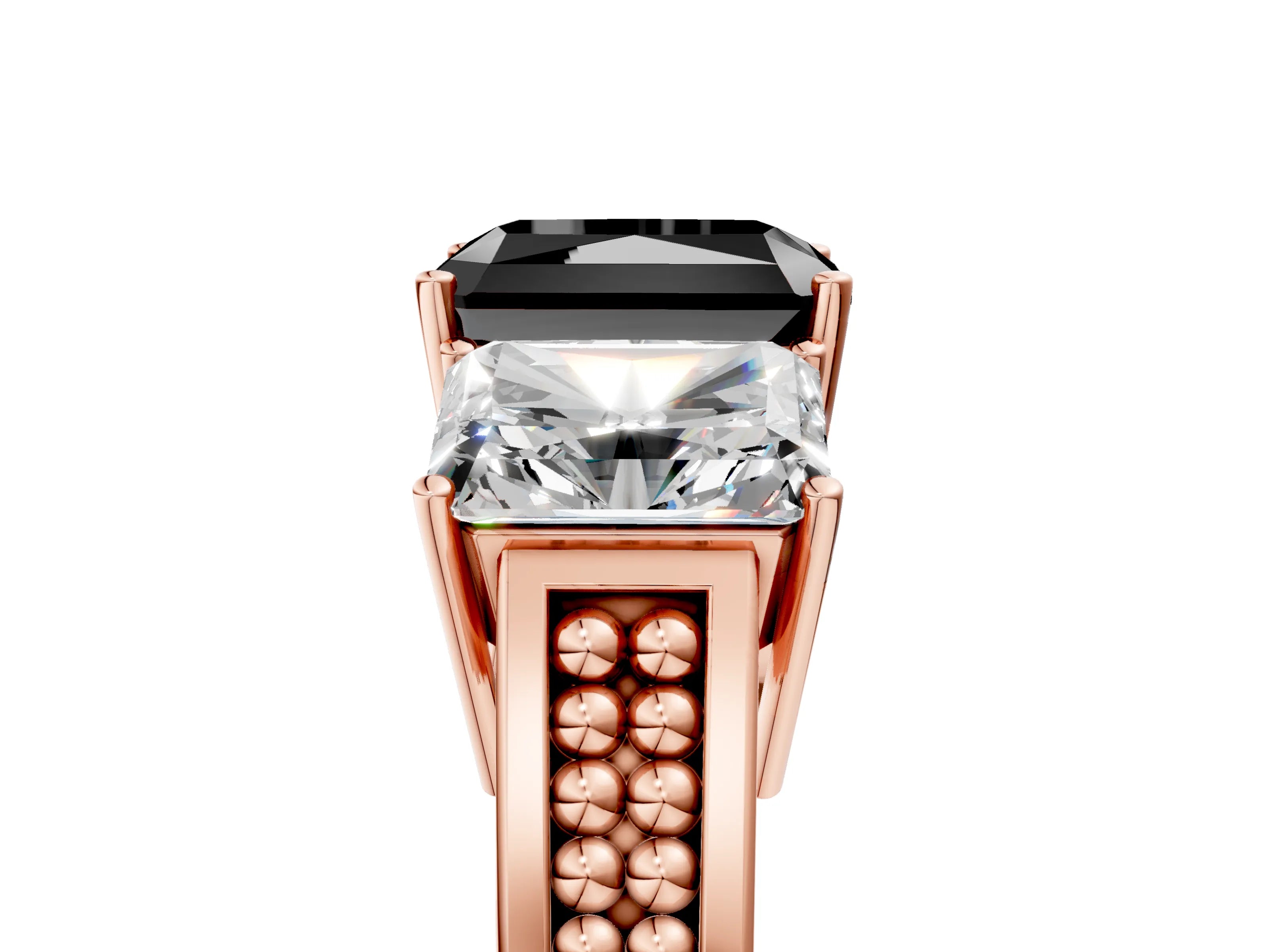 Rose gold Fancy Black Radiant Cut Diamond Three-Stone Ring with Prong Setting and Textured Band_14