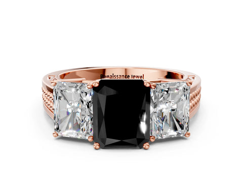 Rose gold Fancy Black Radiant Cut Diamond Three-Stone Ring with Prong Setting and Textured Band_21