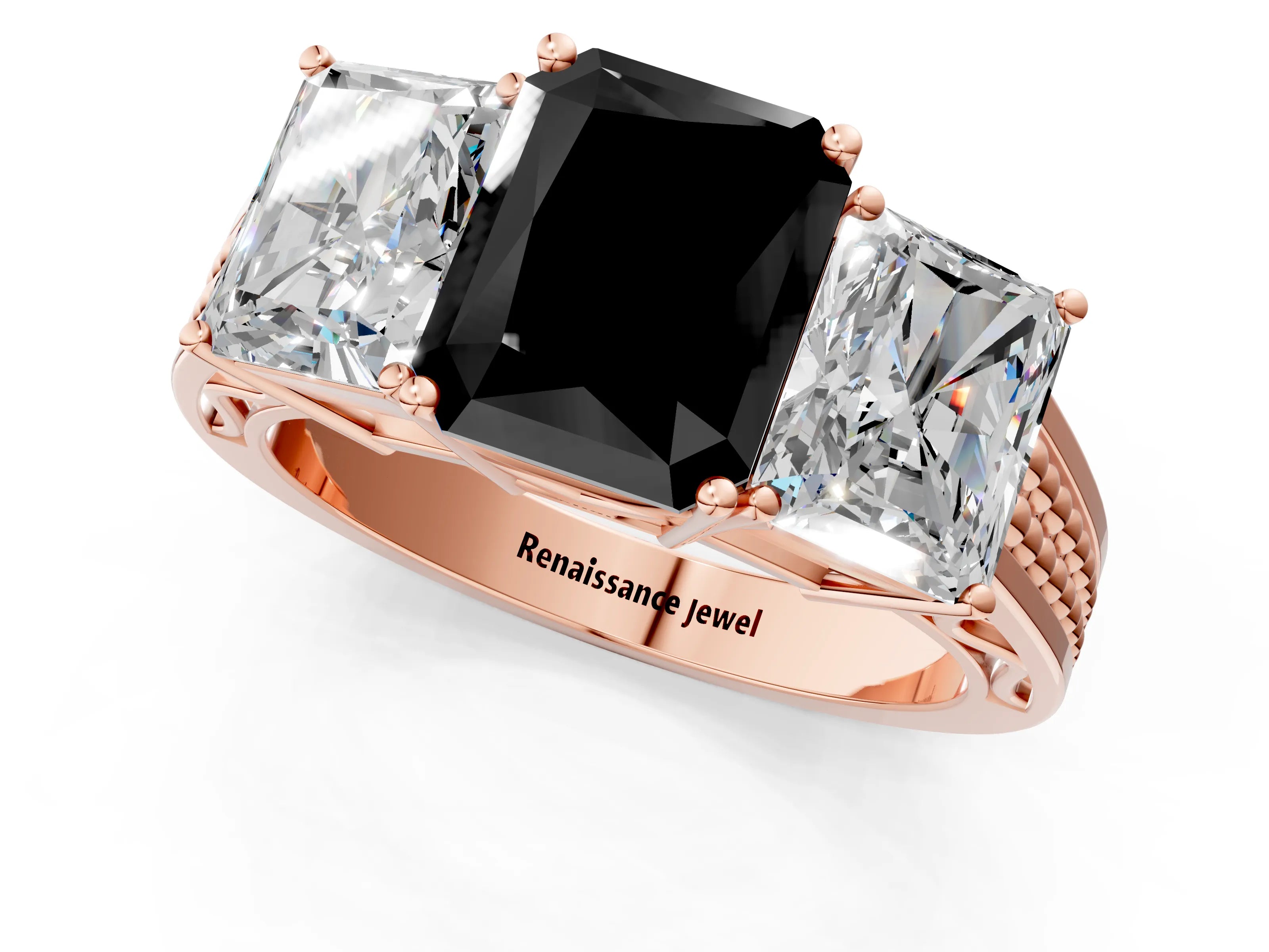 Rose gold Fancy Black Radiant Cut Diamond Three-Stone Ring with Prong Setting and Textured Band_22