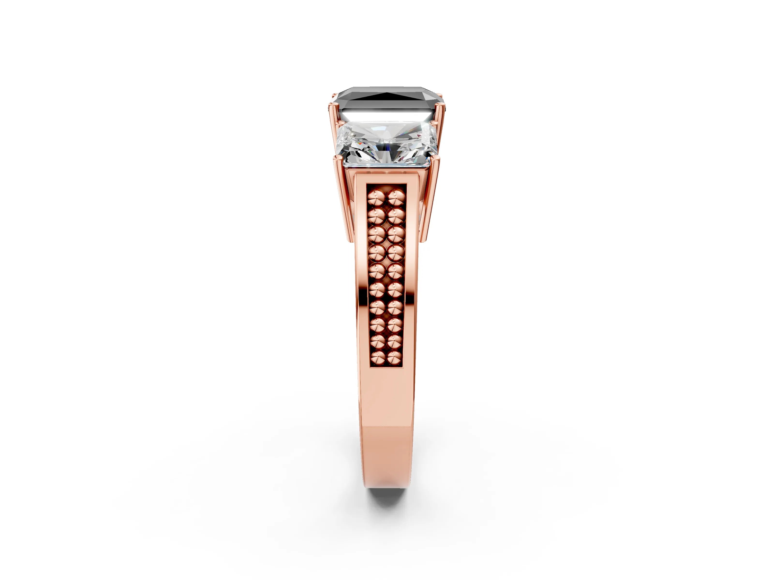 Rose gold Fancy Black Radiant Cut Diamond Three-Stone Ring with Prong Setting and Textured Band_2