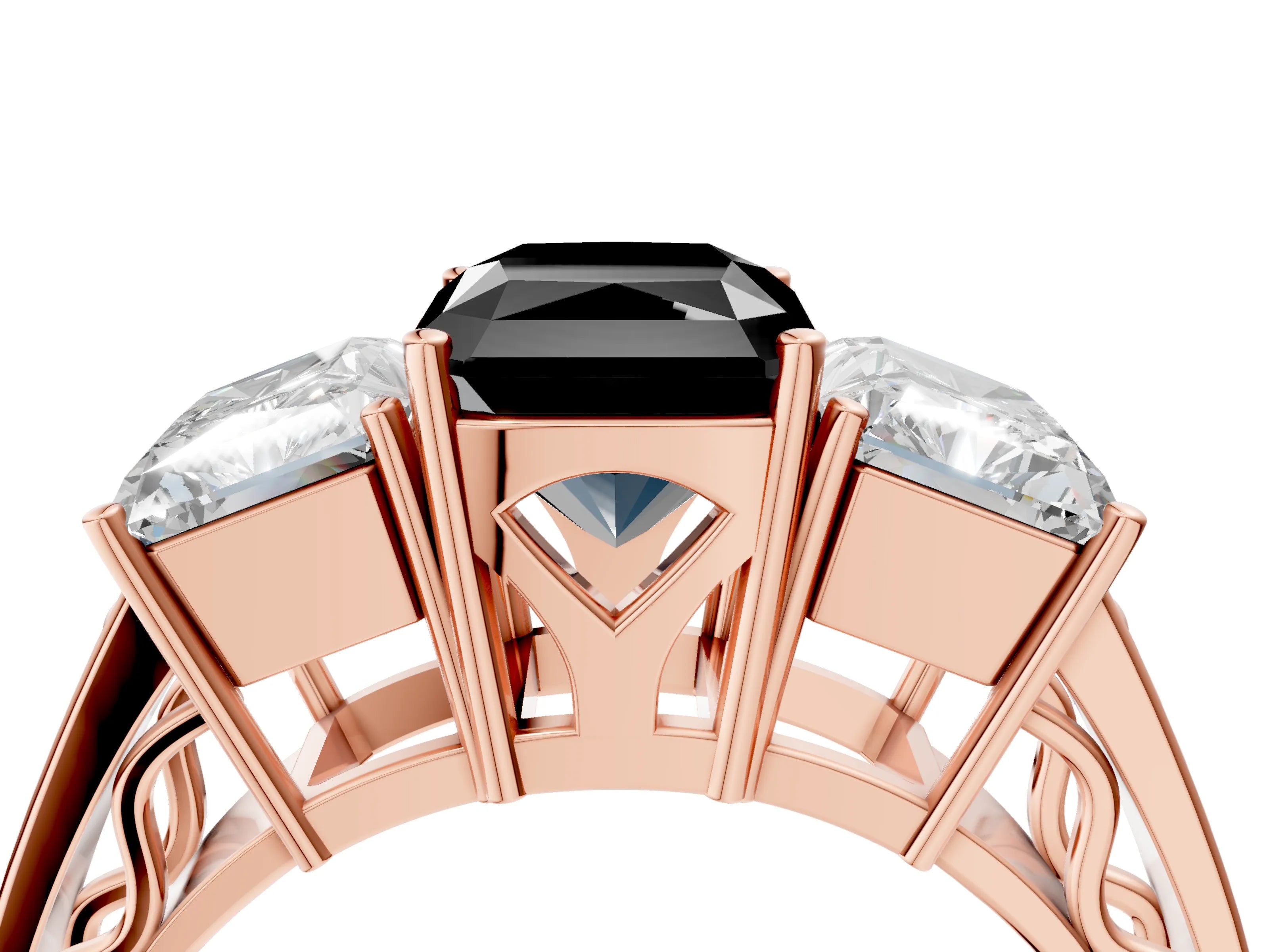 Rose gold Fancy Black Radiant Cut Diamond Three-Stone Ring with Prong Setting and Textured Band_4