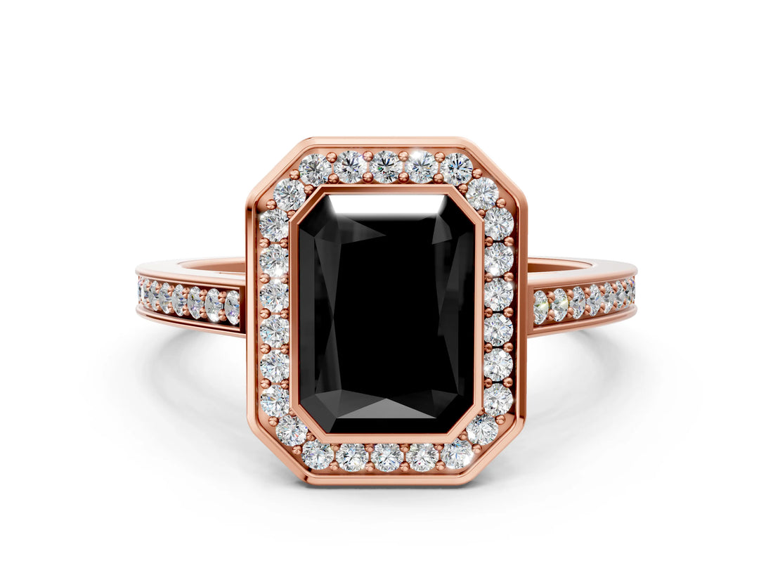 Rose gold Fancy Black Radiant Cut Halo Bezel Diamond Pave Band Ring