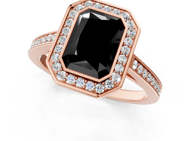 Rose gold Fancy Black Radiant Cut Halo Bezel Diamond Pave Band Ring