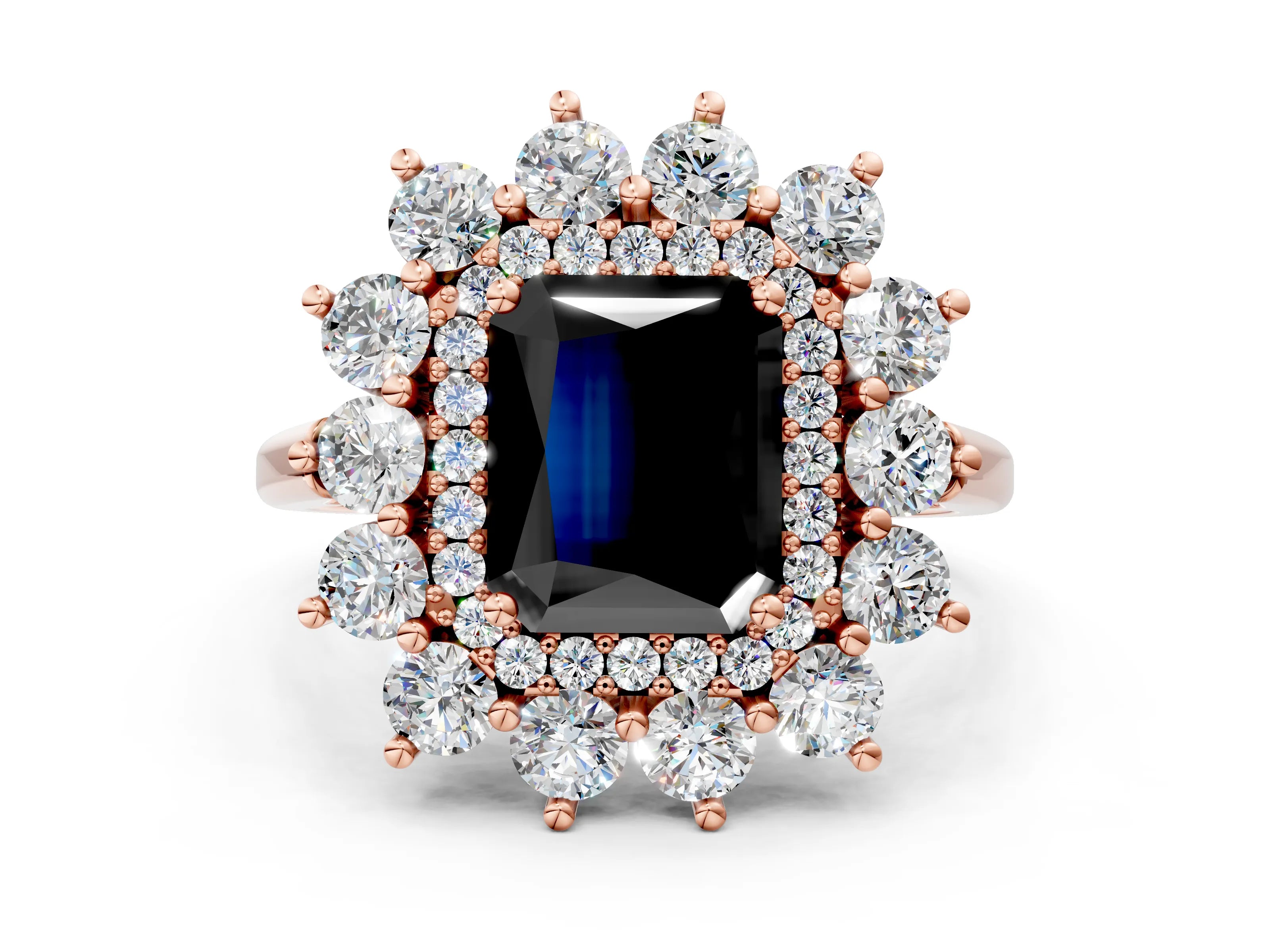 Rose gold Fancy Black Radiant Cut Halo Cluster Diamond Ring with Pave Band and Four-Prong Setting