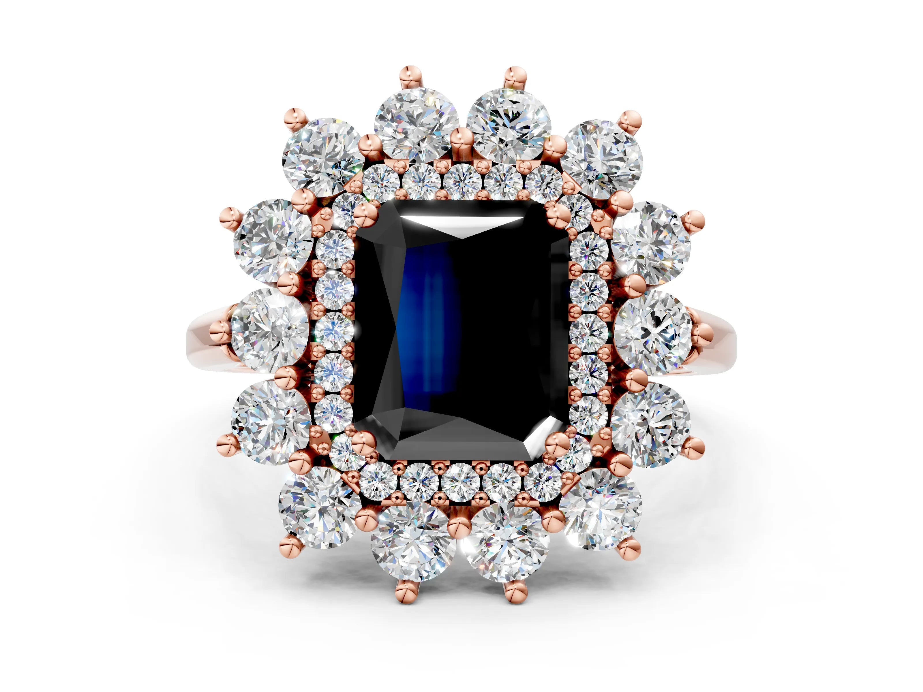 Rose gold Fancy Black Radiant Cut Halo Cluster Diamond Ring with Pave Band and Four-Prong Setting_12
