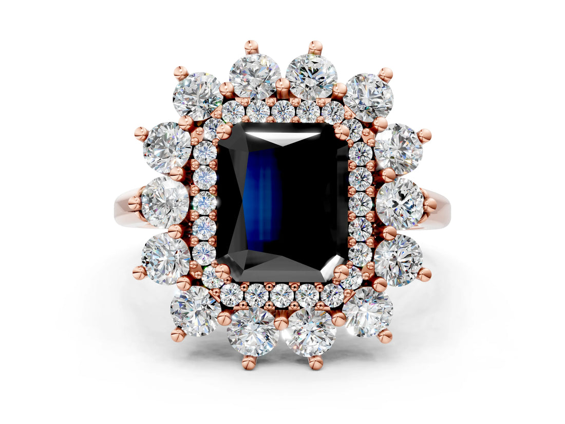 Rose gold Fancy Black Radiant Cut Halo Cluster Diamond Ring with Pave Band and Four-Prong Setting_12