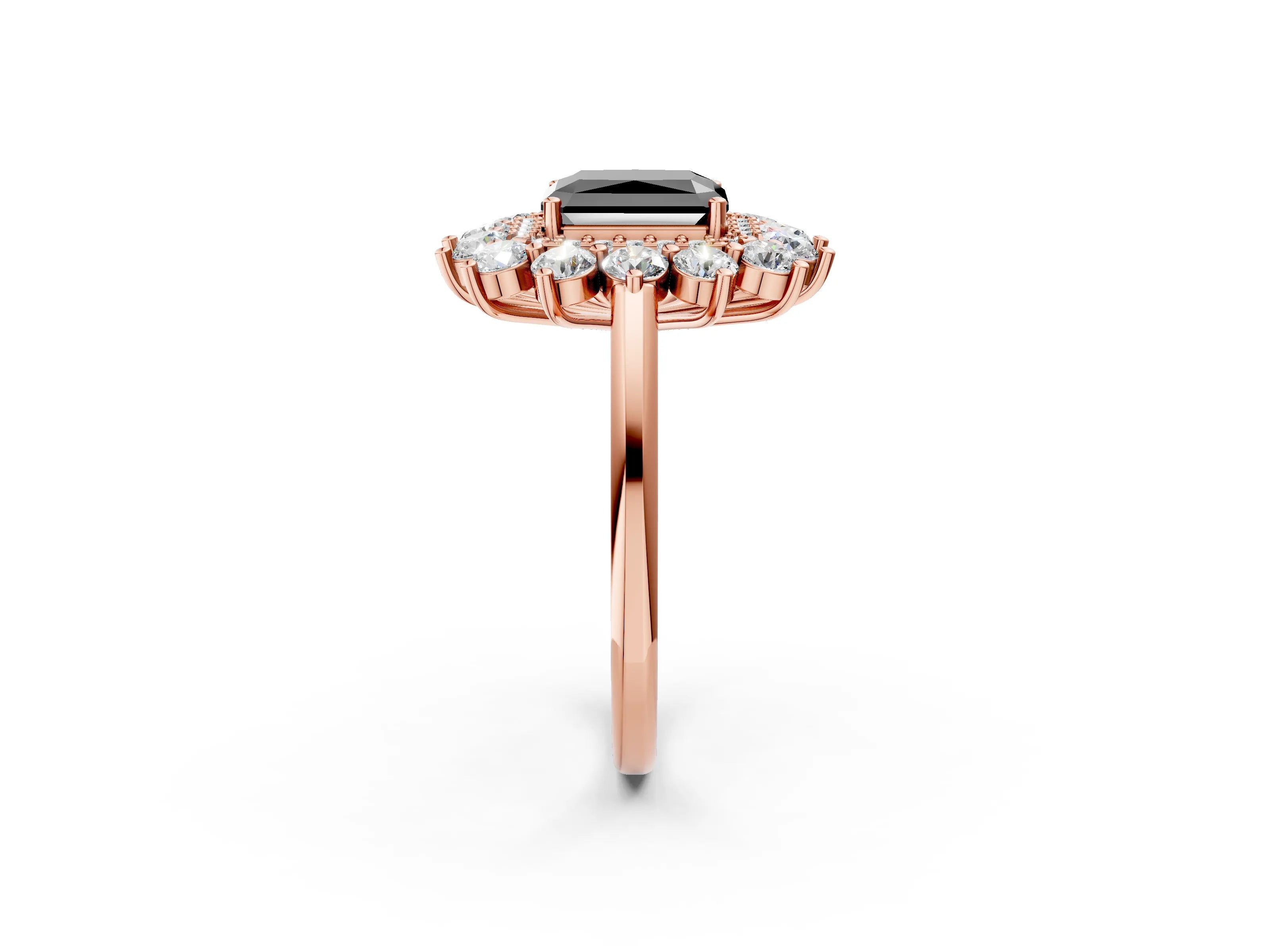 Rose gold Fancy Black Radiant Cut Halo Cluster Diamond Ring with Pave Band and Four-Prong Setting_14