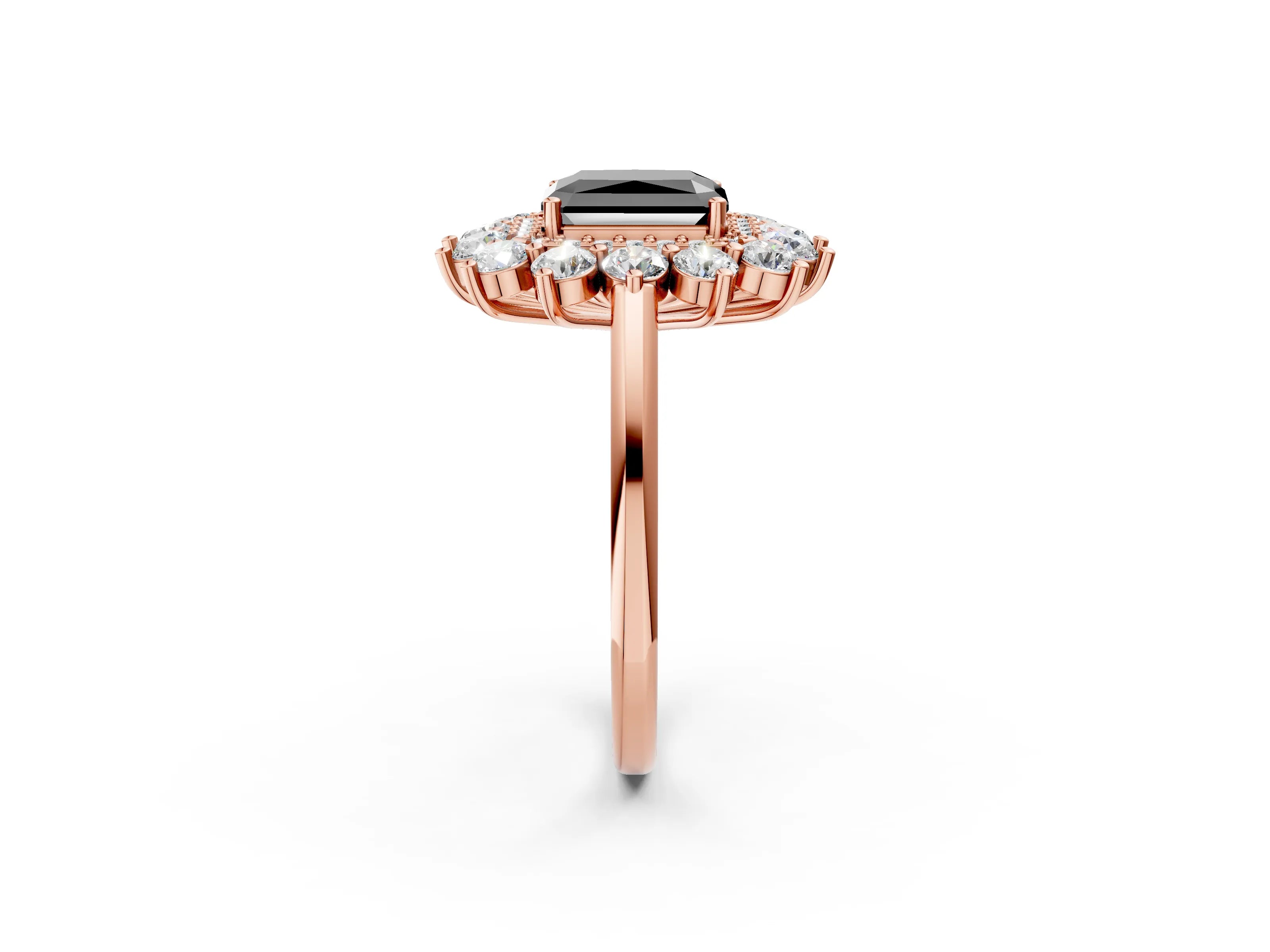 Rose gold Fancy Black Radiant Cut Halo Cluster Diamond Ring with Pave Band and Four-Prong Setting_2