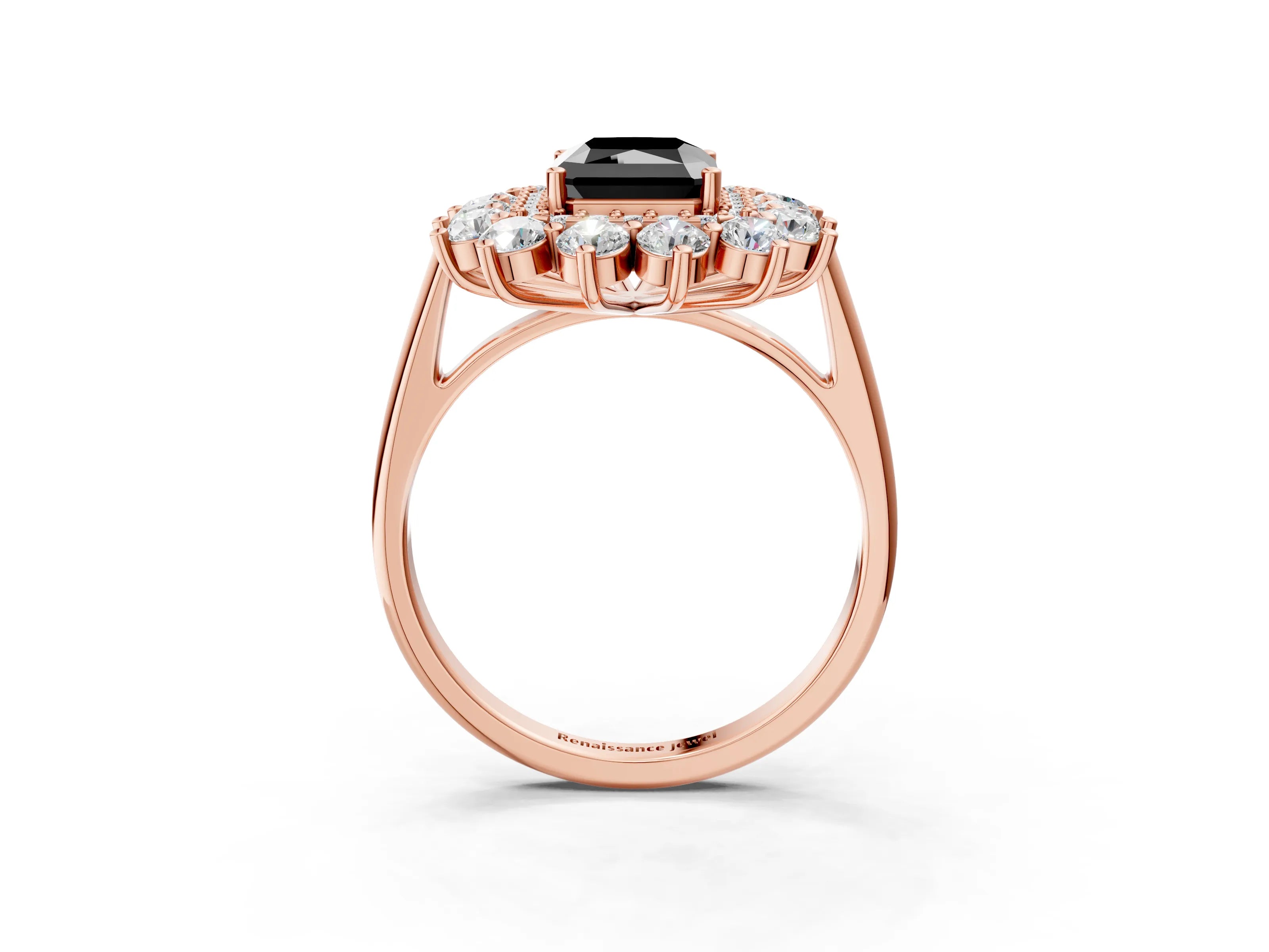 Rose gold Fancy Black Radiant Cut Halo Cluster Diamond Ring with Pave Band and Four-Prong Setting_3