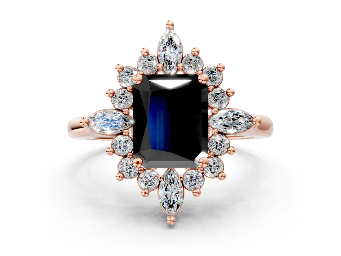 Rose gold Fancy Black Radiant Cut Halo Diamond Cluster Ring with Marquise and Round Stones on a White Gold Band with Prong Setting