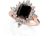 Rose gold Fancy Black Radiant Cut Halo Diamond Cluster Ring with Marquise and Round Stones on a White Gold Band with Prong Setting_1