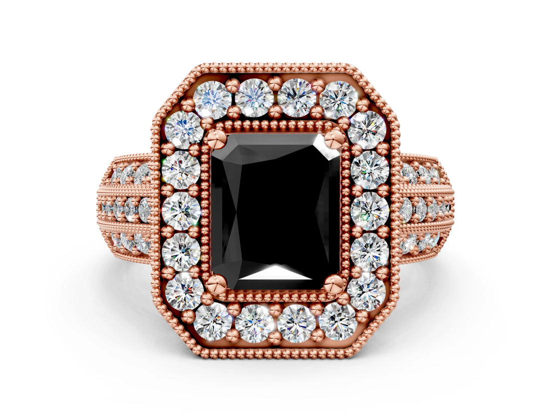 Rose gold Fancy Black Radiant Cut Halo Diamond Engagement Ring with Pave Split Shank and Four-Prong Setting
