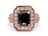 Rose gold Fancy Black Radiant Cut Halo Diamond Engagement Ring with Pave Split Shank and Four-Prong Setting