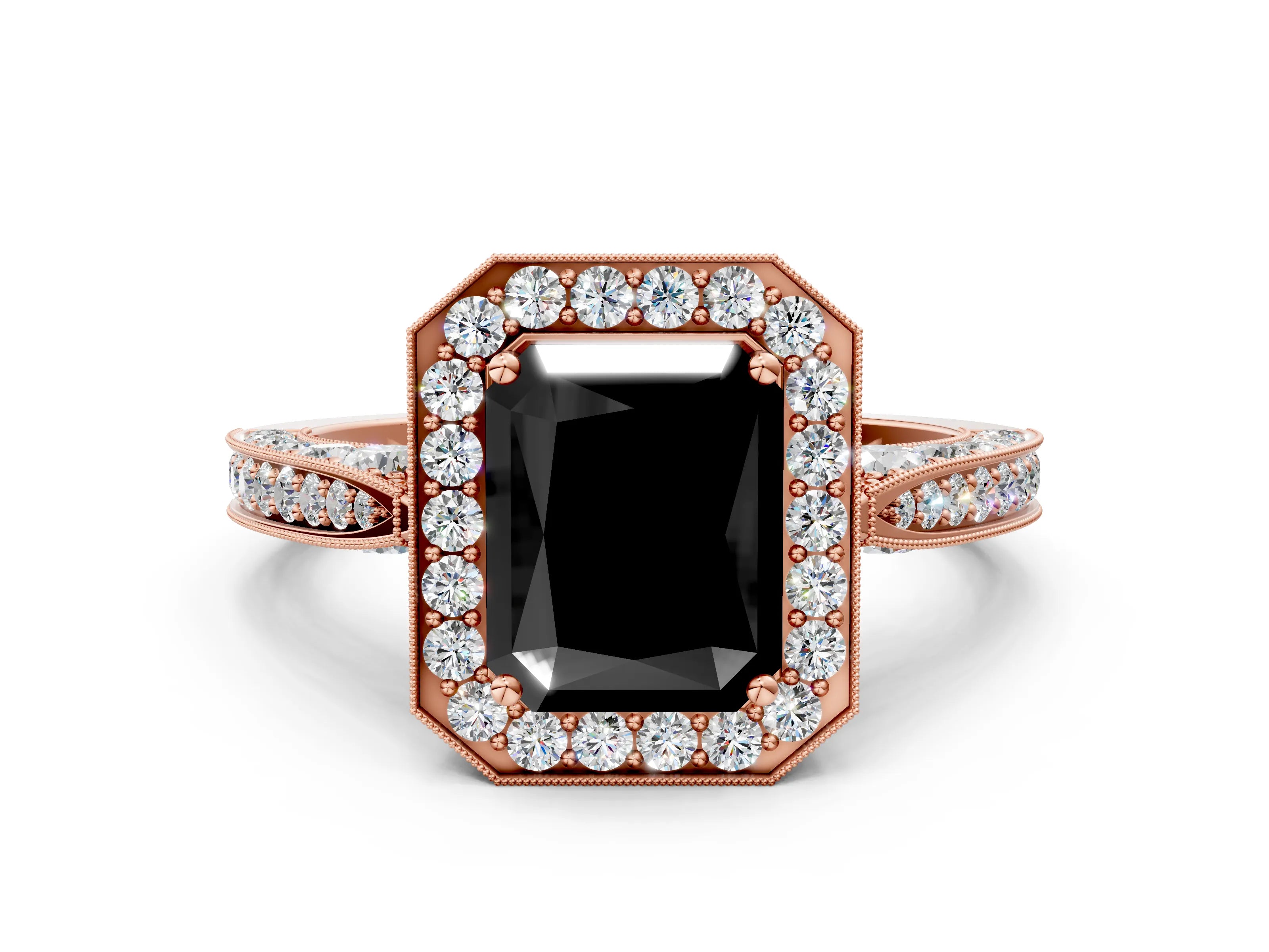 Rose gold Fancy Black Radiant Cut Halo Diamond Engagement Ring with Split Shank Band and Four-Prong Setting