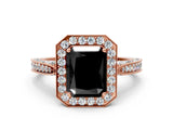 Rose gold Fancy Black Radiant Cut Halo Diamond Engagement Ring with Split Shank Band and Four-Prong Setting