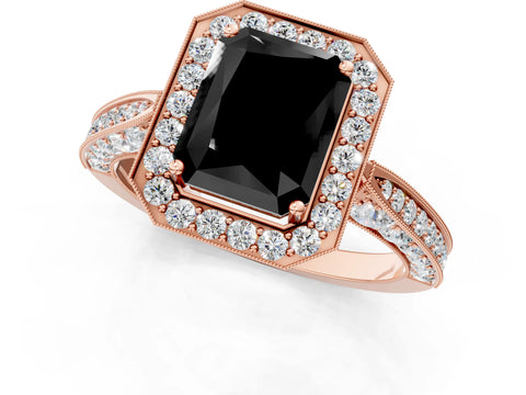 Rose gold Fancy Black Radiant Cut Halo Diamond Engagement Ring with Split Shank Band and Four-Prong Setting_1