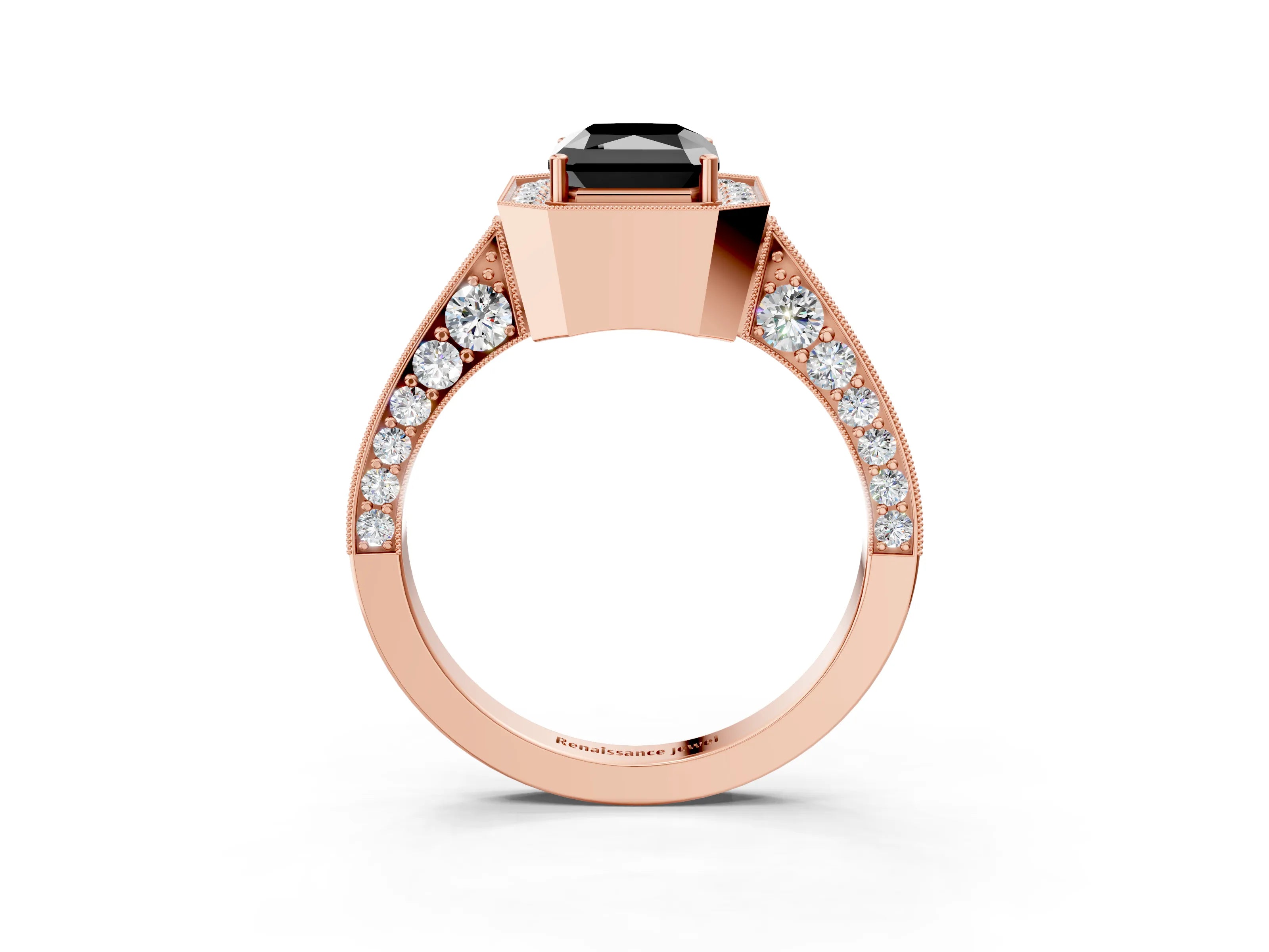 Rose gold Fancy Black Radiant Cut Halo Diamond Engagement Ring with Split Shank Band and Four-Prong Setting_3