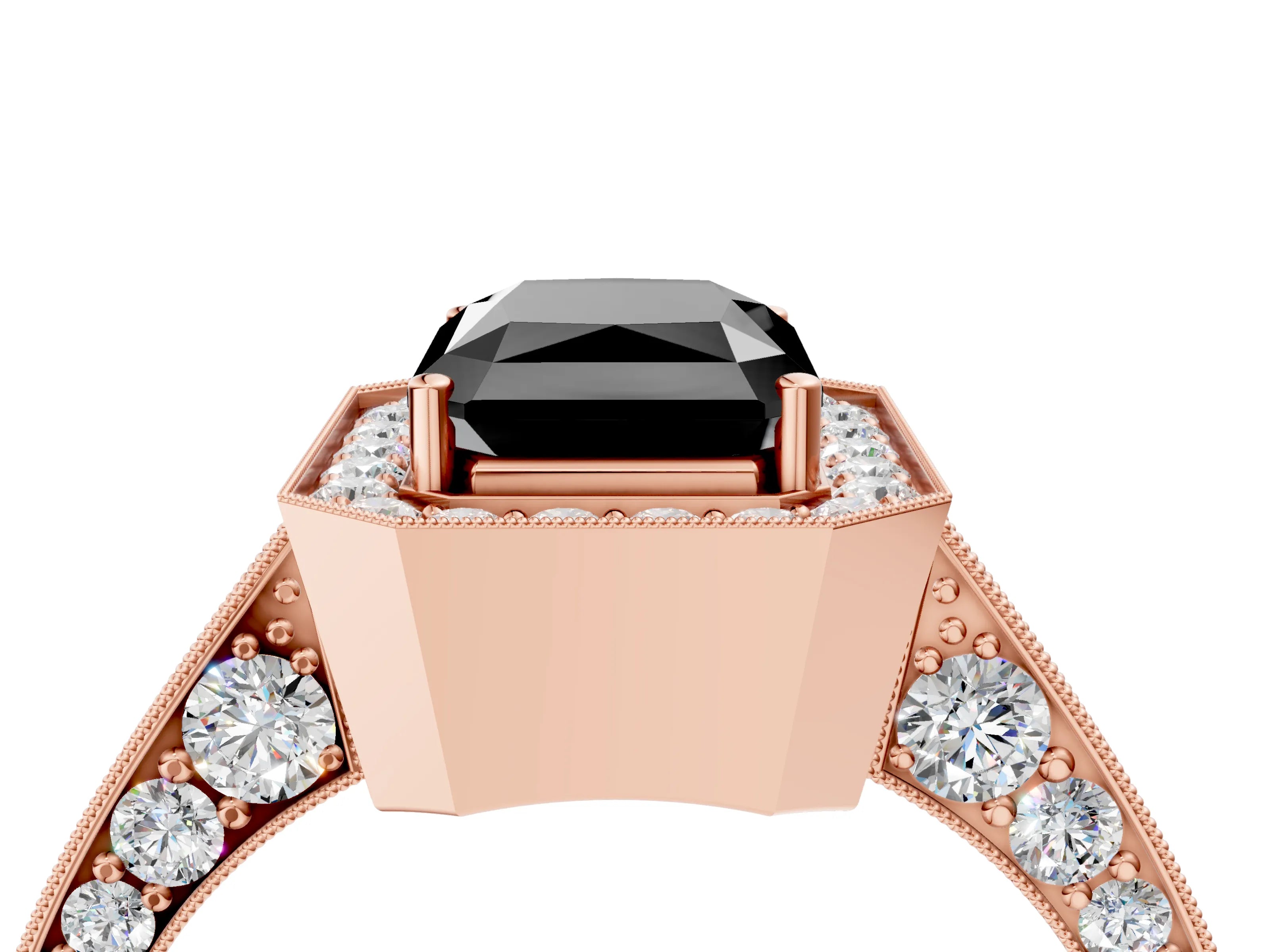 Rose gold Fancy Black Radiant Cut Halo Diamond Engagement Ring with Split Shank Band and Four-Prong Setting_4