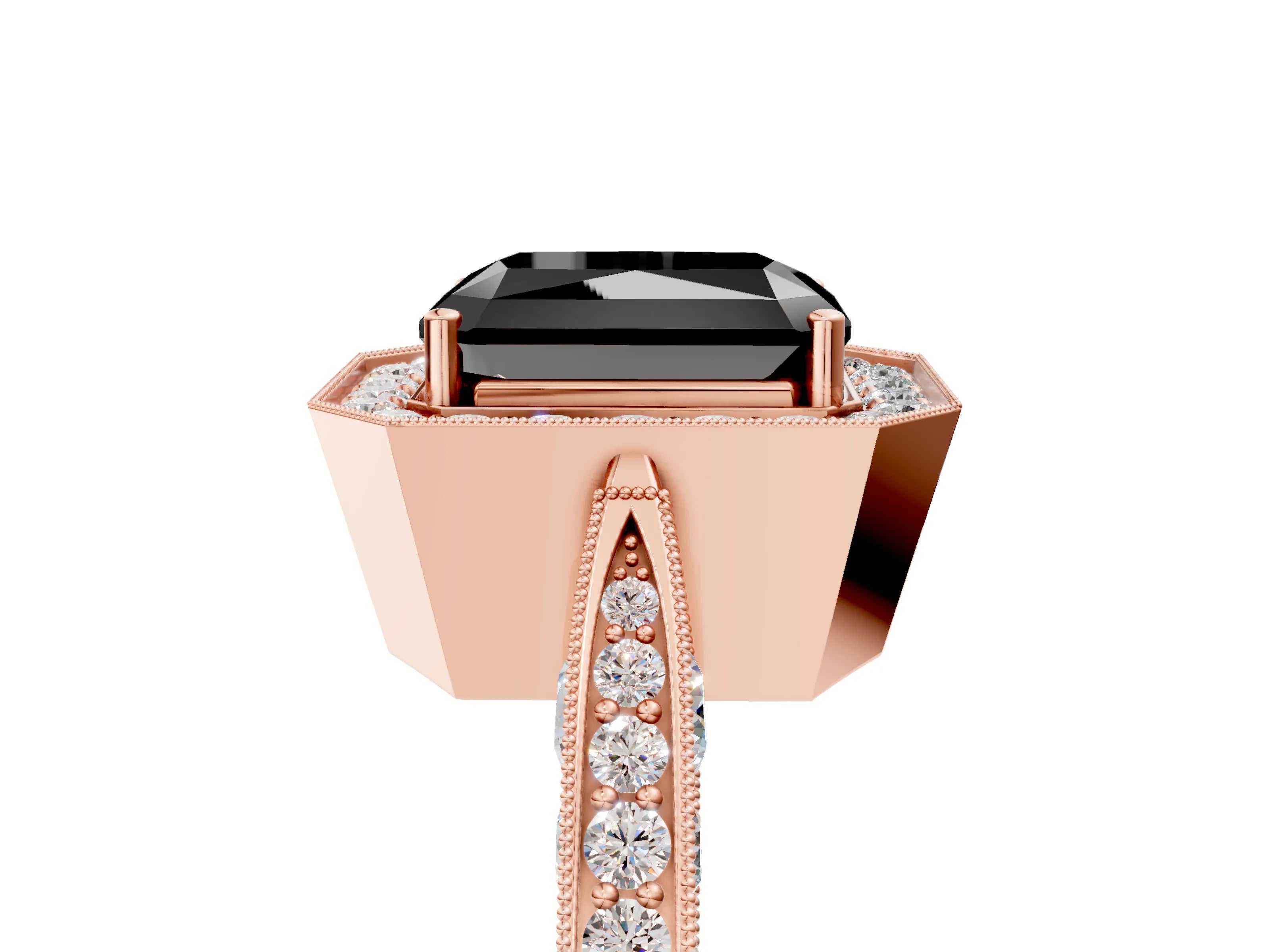Rose gold Fancy Black Radiant Cut Halo Diamond Engagement Ring with Split Shank Band and Four-Prong Setting_5