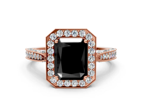 Rose gold Fancy Black Radiant Cut Halo Diamond Engagement Ring with Split Shank Band and Four-Prong Setting
