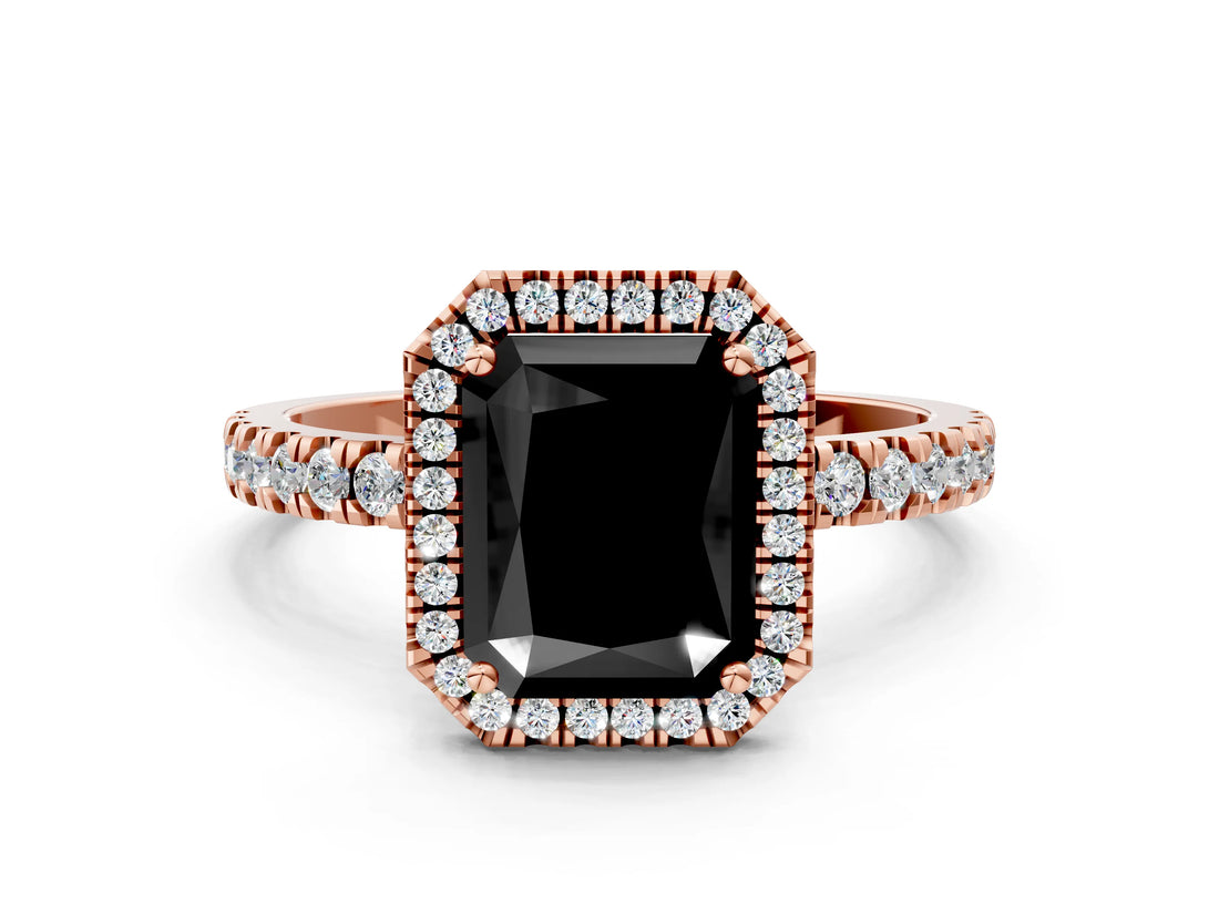 Rose gold Fancy Black Radiant Cut Halo Diamond Pave Band with Prong Setting
