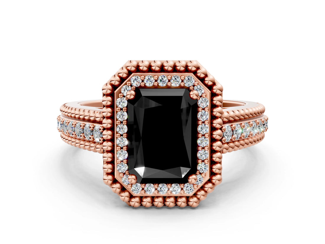 Rose gold Fancy Black Radiant Cut Halo Diamond Ring with Beaded Split Shank and Four-Prong Setting