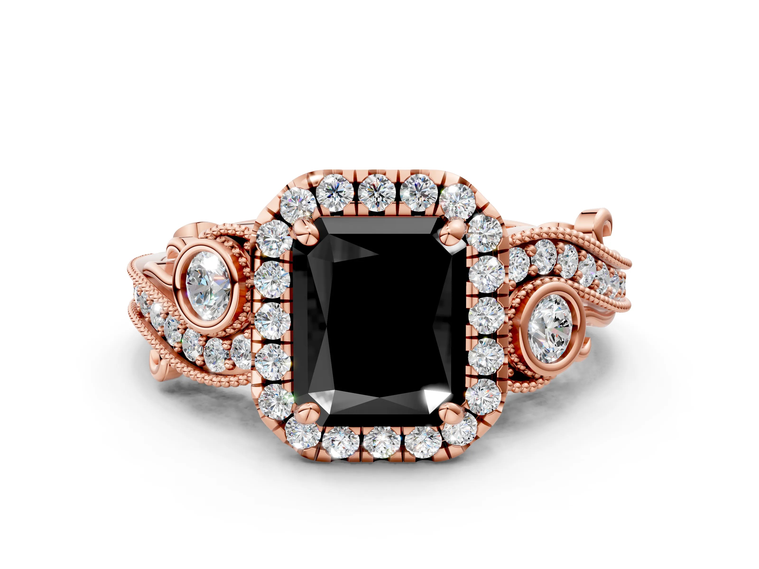 Rose gold Fancy Black Radiant Cut Halo Diamond Ring with Milgrain and Bezel Accents on a Split Shank Band