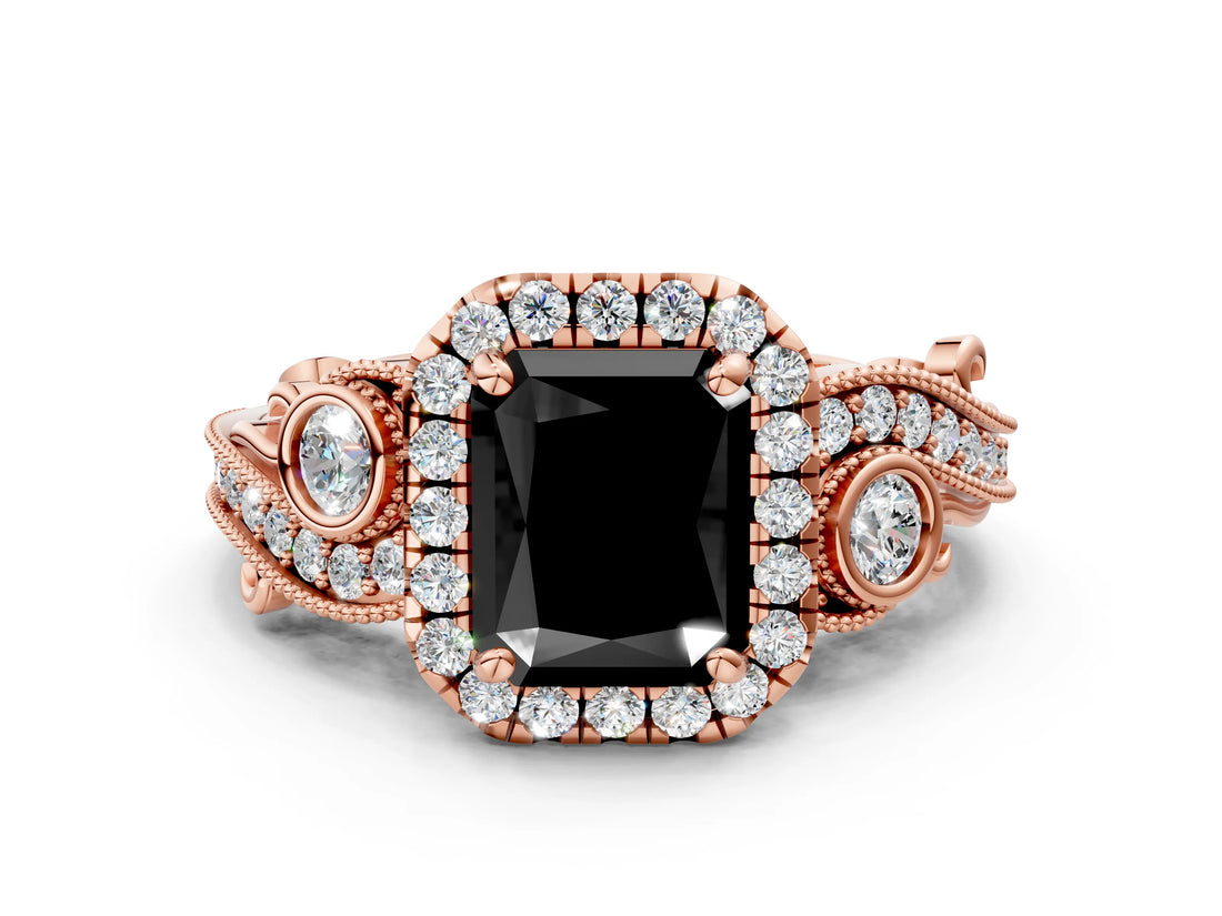 Rose gold Fancy Black Radiant Cut Halo Diamond Ring with Milgrain and Bezel Accents on a Split Shank Band_12