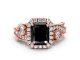 Rose gold Fancy Black Radiant Cut Halo Diamond Ring with Milgrain and Bezel Accents on a Split Shank Band_12