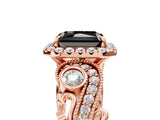 Rose gold Fancy Black Radiant Cut Halo Diamond Ring with Milgrain and Bezel Accents on a Split Shank Band_17