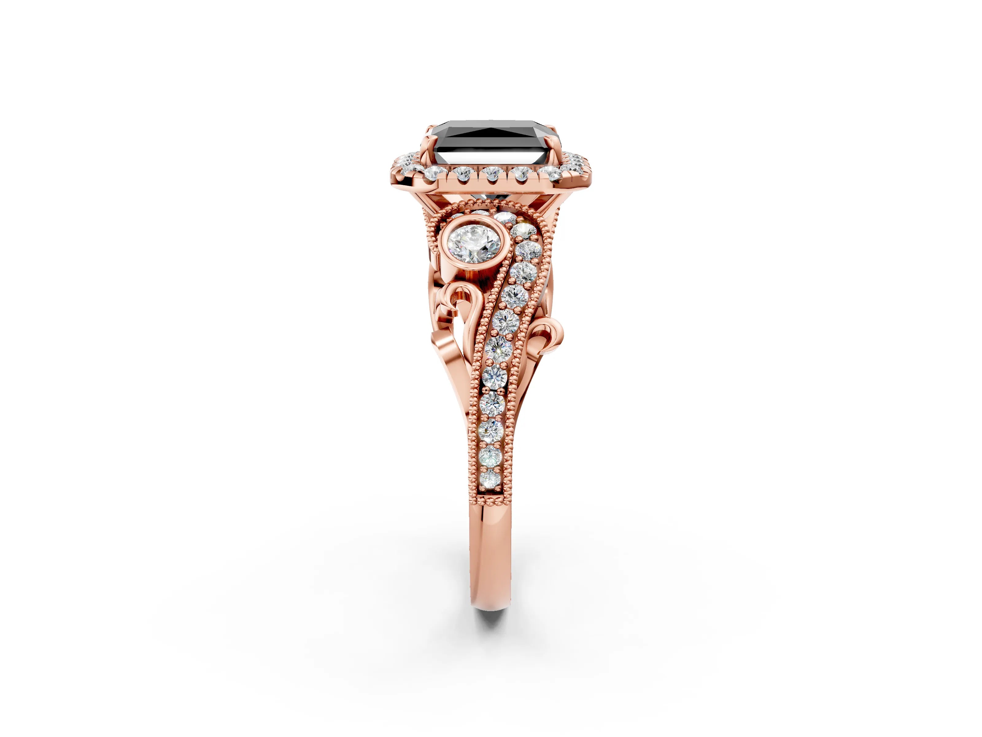 Rose gold Fancy Black Radiant Cut Halo Diamond Ring with Milgrain and Bezel Accents on a Split Shank Band_2