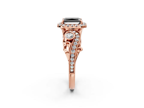 Rose gold Fancy Black Radiant Cut Halo Diamond Ring with Milgrain and Bezel Accents on a Split Shank Band_2